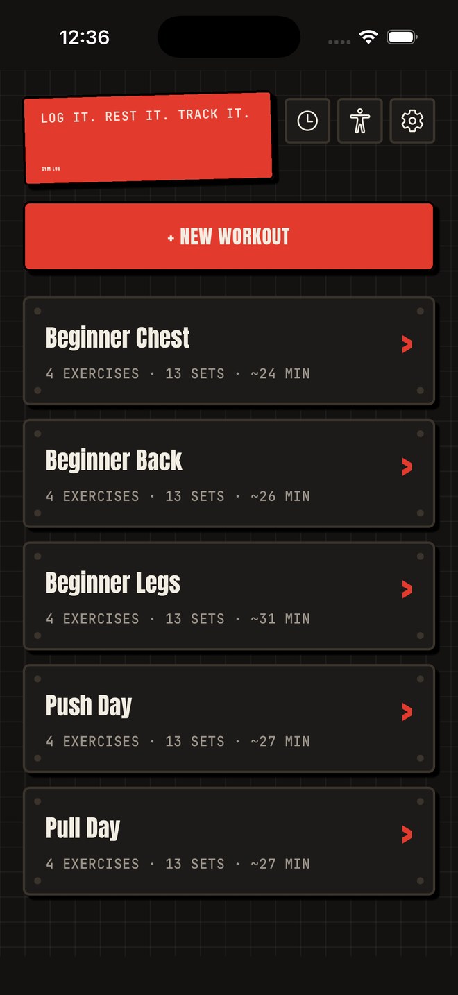 Gym Log home screen with built-in workouts