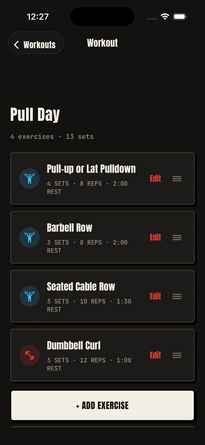 Workout builder with exercise icons and drag handles
