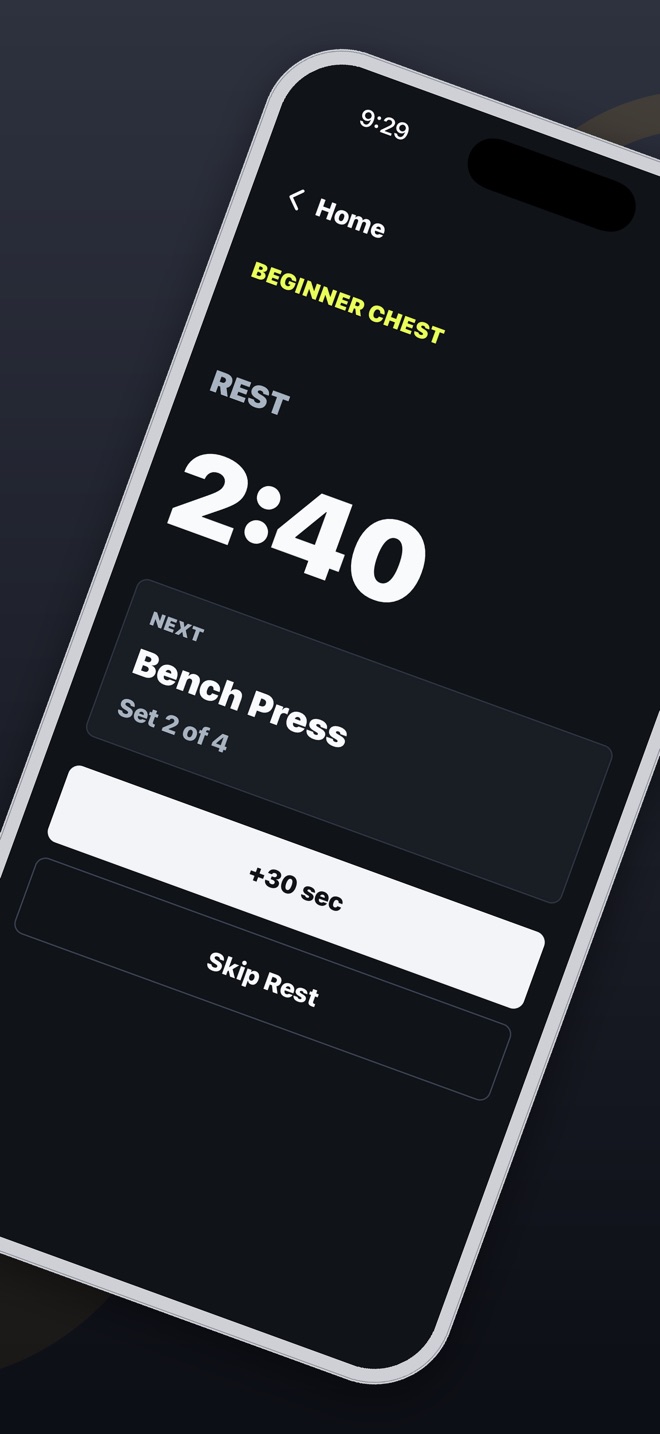 A large rest countdown between sets, with the next exercise queued up