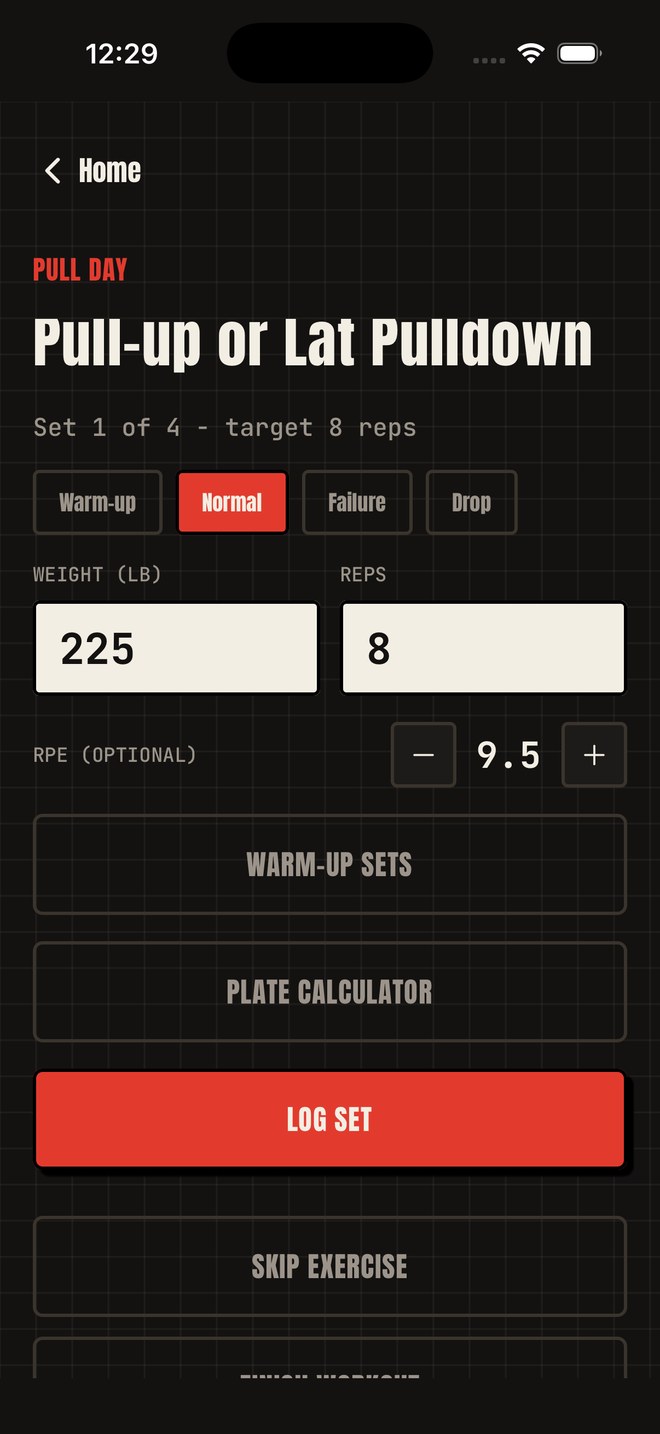 Logging a set with RPE, warm-up sets, and plate calculator