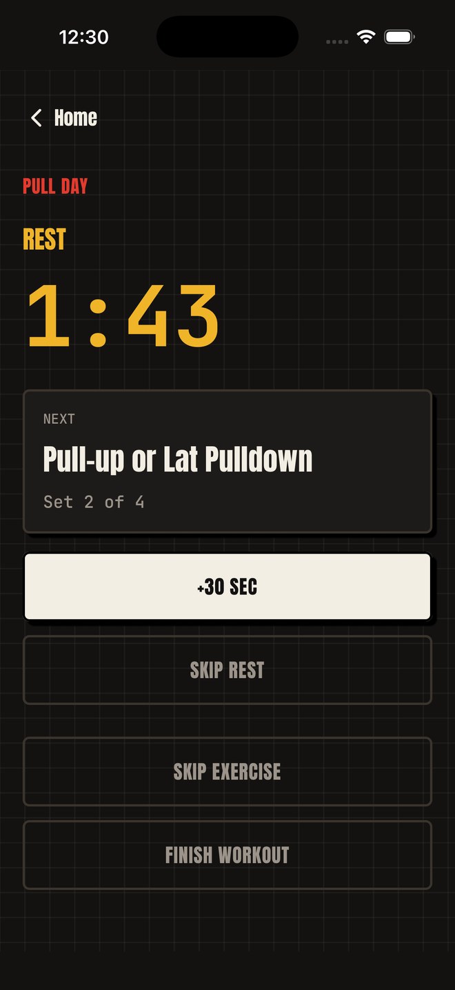 Large rest timer countdown between sets