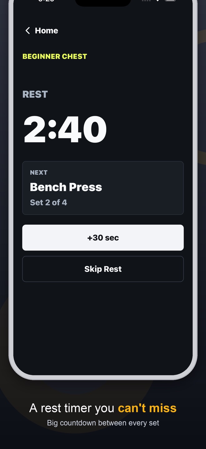 A big rest countdown you can't miss between sets