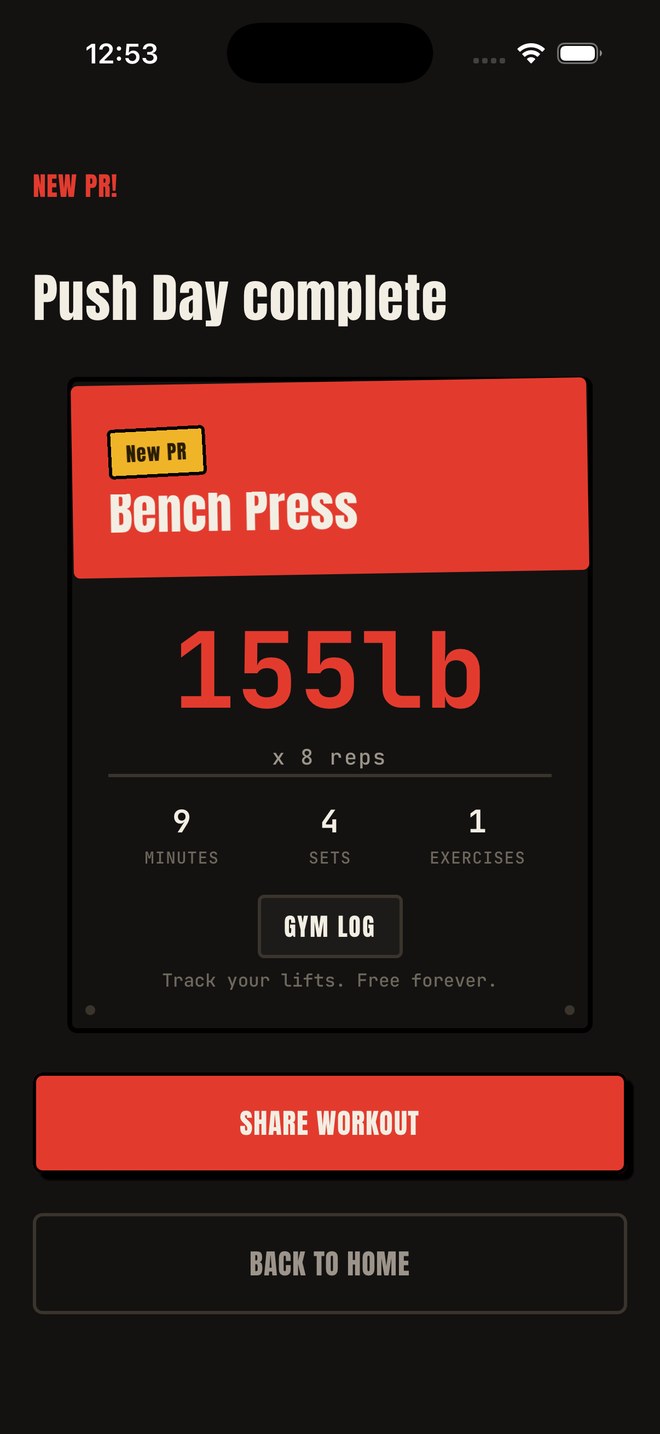 Shareable New PR card for a Bench Press personal record