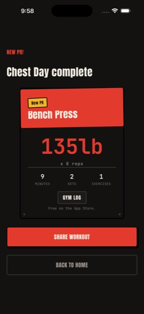 Gym Log showing a New PR share card for a 135lb Bench Press