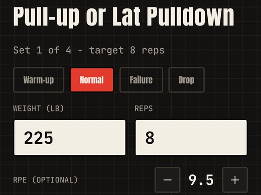 Logging weight, reps, and RPE for a set
