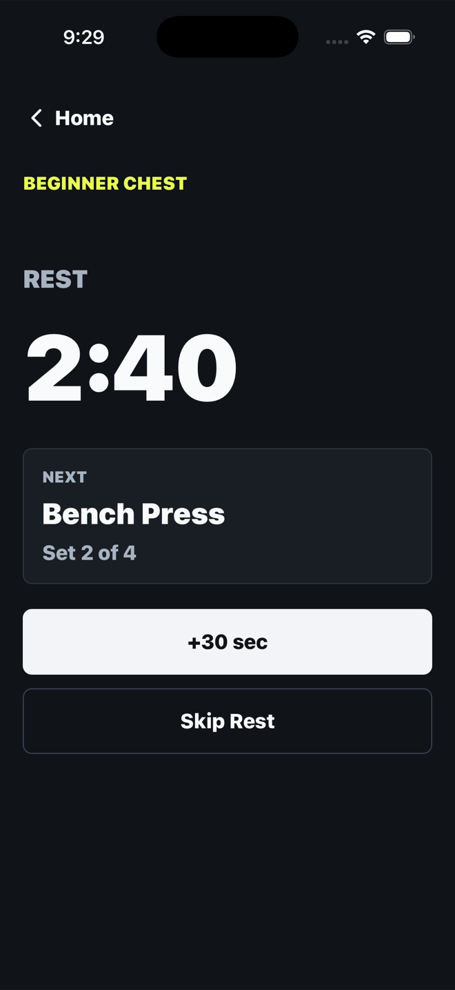 The app showing a large REST countdown between sets